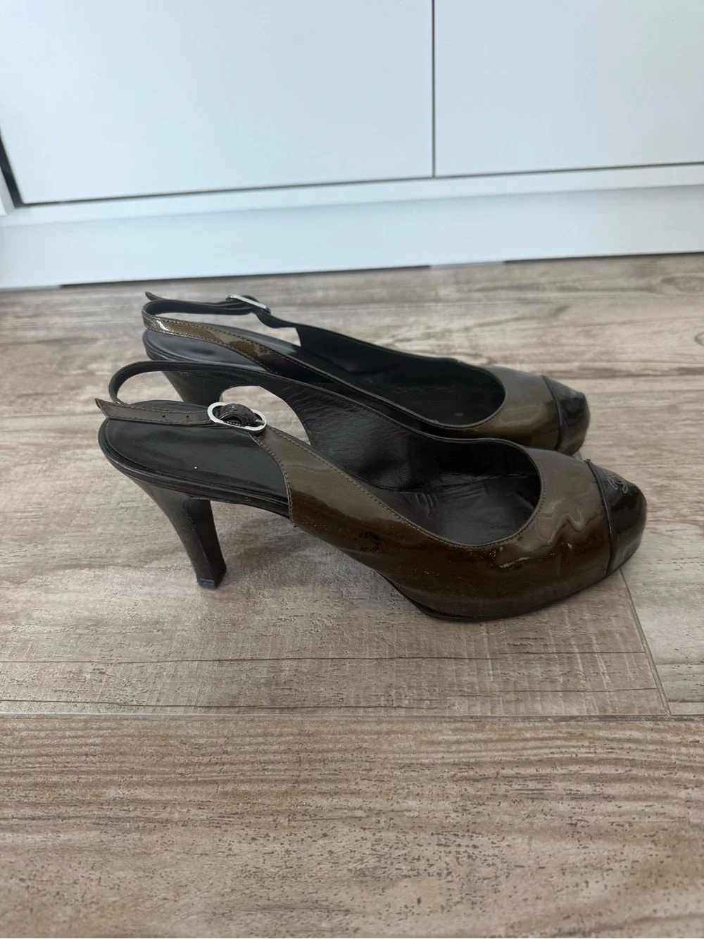 CHANEL Olive Green and Black Patent Leather Slingback Pumps vintage